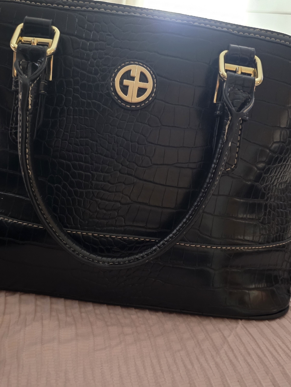 Black Croc-Embossed Women's Satchel with Gold Hardware